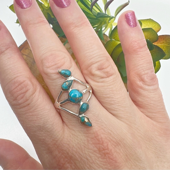 Blue Copper Turquoise Ring Size 10 Vintage Southwestern Boho Sterling Silver 925 - Picture 6 of 9